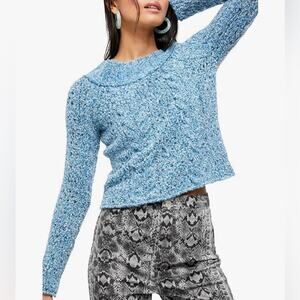 Free People Avalon Cropped Pullover Sweater in Blue Marine Long Sleeve open knit
